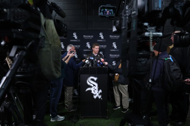 White Sox general manager Chris Getz answers reporters' questions before a team workout at Guaranteed Rate Field Wednesday, March 27, 2024, in Chicago. (John J. Kim/Chicago Tribune)