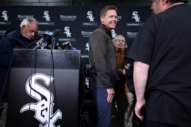 White Sox general manager Chris Getz greets reporters after taking questions, before a team workout at Guaranteed Rate Field Wednesday, March 27, 2024, in Chicago. (John J. Kim/Chicago Tribune)