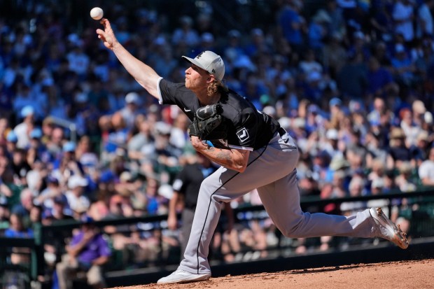 White Sox pitcher Michael Kopech delivers against the Cubs during a Cactus League game on March 1, 2024, in Mesa, Ariz. (Matt York/AP)