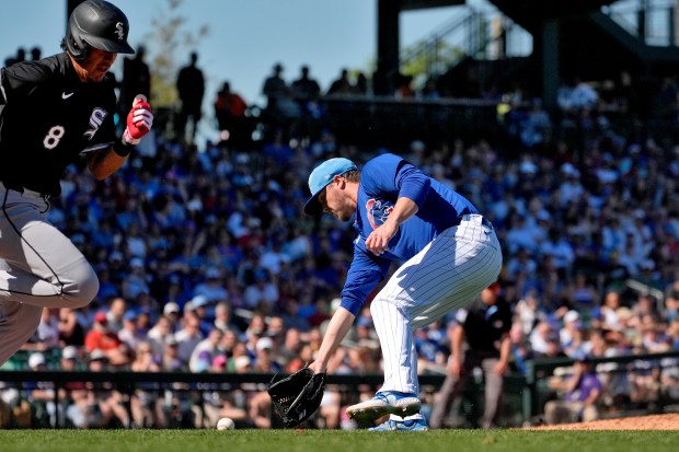 Cubs starting pitcher Justin Steele fields a base hit by the White Sox's Nicky Lopez during a Cactus League game on March 1, 2024, in Mesa, Ariz. (AP Photo/Matt York)