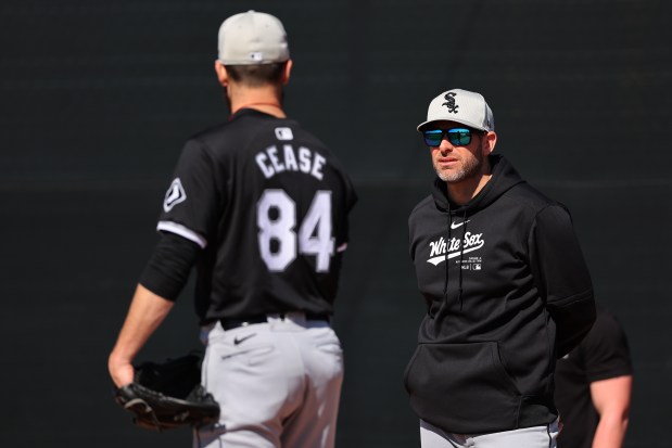 White Sox pitching coach Ethan Katz looks on as Dylan Cease throws a bullpen session during a spring training workout at Camelback Ranch on Feb. 21, 2024, in Glendale, Ariz. (Michael Reaves/Getty Images)