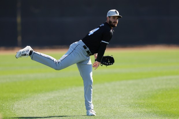 White Sox starter Dylan Cease warms up during a spring training workout on Feb. 21, 2024, at Camelback Ranch in Glendale, Ariz. (Michael Reaves/Getty)