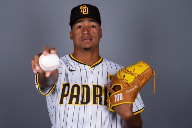 Padres pitcher Jairo Iriarte poses for a photo during media day on Feb. 20, 2024, in Peoria, Ariz.(Lindsey Wasson/AP)