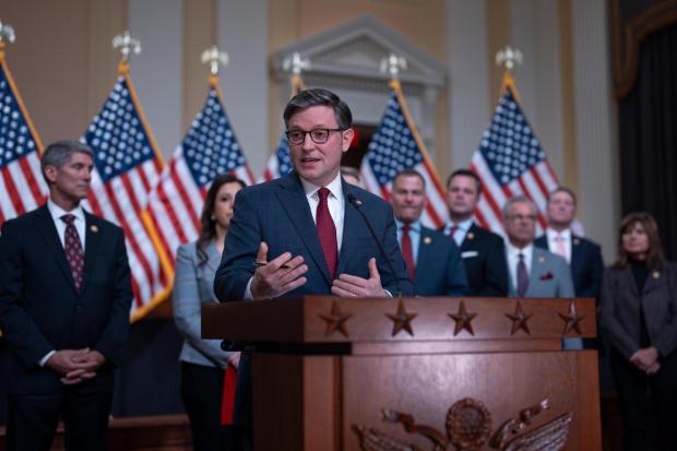 Speaker of the House Mike Johnson, R-La., joined by fellow Republicans, speaks during a news conference at the Capitol in Washington, Wednesday, March 6, 2024. The House is expected to vote to keep money flowing to scores of federal agencies before a midnight Friday shutdown deadline. A significant number of House Republicans oppose the measure, forcing Johnson to use an expedited process to bring the bill up for a vote. That process requires two-thirds of the House to vote for the measure for it to pass. (AP Photo/J. Scott Applewhite)