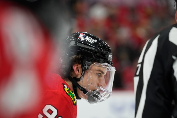 Chicago Blackhawks center Connor Bedard prepares for the faceoff against the Arizona Coyotes during the second period of an NHL hockey game, Sunday, March 10, 2024, in Chicago. (AP Photo/Erin Hooley)