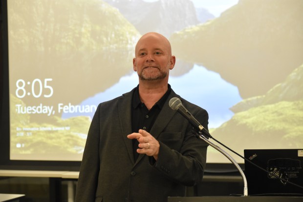 Oak Park-River Forest School District 200 Superintendent Greg Johnson thanks parents for attending the annual National African American Parent Involvement Dinner Feb. 27, 2024, at Oak Park-River Forest High School in Oak Park.