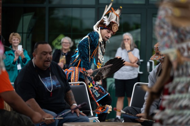 Pokagon Band of Potawatomi citizen Skyler Alsup performs a Great Lakes style dance during a celebration of the completion of the first portion of the Indigenous Cultural Trail at the Indiana Dunes Visitor Center on Wednesday, Sept. 27, 2023.