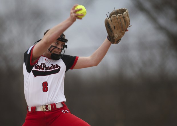 Marist's Gianna Hillegonds (8) delivers a pitch during the second inning against Lincoln-Way Central during a nonconference game in New Lenox on Monday, April 3, 2023.