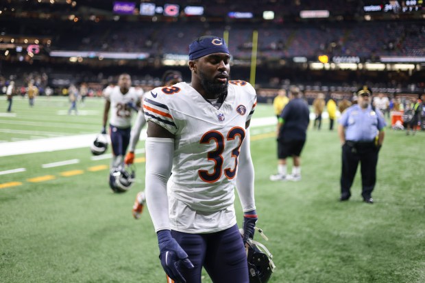 Bears cornerback Jaylon Johnson walks off the field after a loss to the Saints. (Brian Cassella/Chicago Tribune)