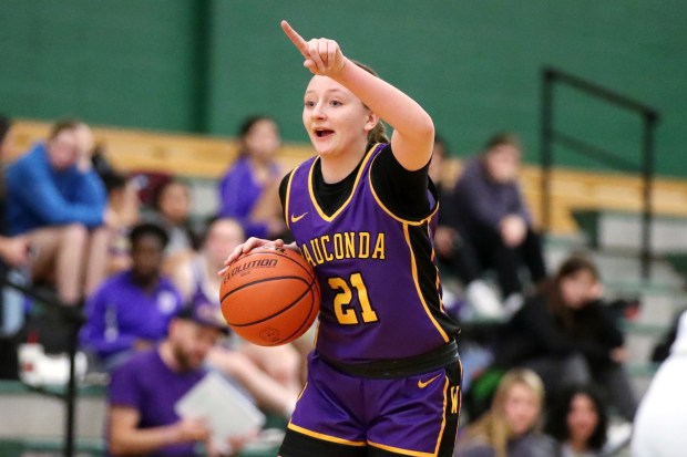 Wauconda's Ella Franck (21), communicating with her offense, during the basketball game on Tuesday, January 9, 2024, in Grayslake. (Mark Ukena for Lake County News-Sun)
