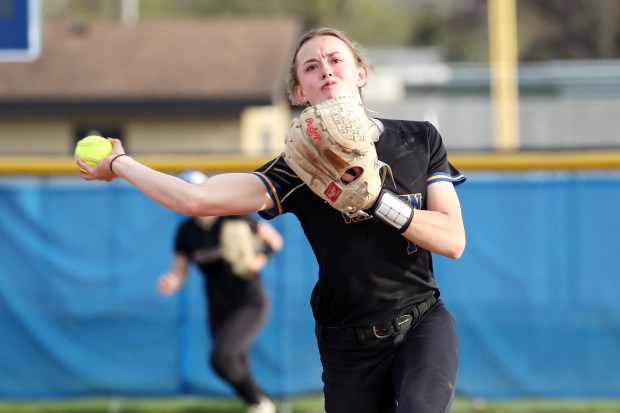 Warren's Hannah Conger, throwing to first to end the game against Grayslake North, winning 7-2, on Friday, April 28, 2023, in Gurnee. (Mark Ukena for Lake County News-Sun)