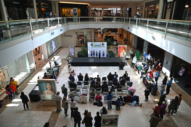 Young dancers with the O'Hare School of Irish Dance of Lake Bluff perform on March 23, 2024 at Rock the Bald with Hawthorn at Hawthorn Mall in Vernon Hills. (Karie Angell Luc/Lake County News-Sun)