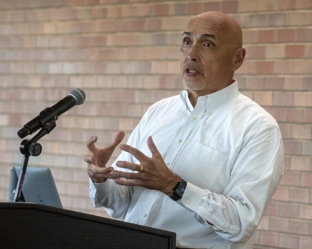 Valparaiso University President Jose Padilla speaks during a community town hall held in Valparaiso, Indiana on Sept. 20, 2022. (Andy Lavalley/for Post-Tribune)