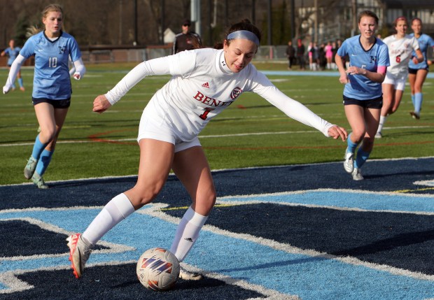 Benet's Johnna Caliendo attempts on goal during the girls East Suburban Catholic Conference soccer game against Nazareth Thursday, March 21, 2024, in La Grange Park. (James C. Svehla/for the Naperville Sun)