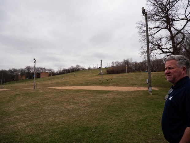 Mike Toohey, recreation/area director for Four Lakes Alpine Snowsports in Lisle, looks out at the Four Lakes ski slope, which has closed for the season, on Mar. 7, 2024. (Tess Kenny/Naperville Sun)