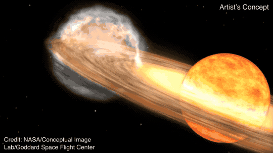 A red giant star and white dwarf orbit each other in this animation of a nova. When the red giant moves behind the white dwarf, a nova explosion on the white dwarf ignites, filling the screen with white light. (NASA's Goddard Space Flight Center)