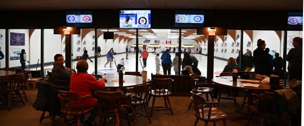 Northbrook Junior High School students are among people doing curling at the Chicago Curling Club on March 1, 2024 in Northbrook (555 Dundee Road). (Karie Angell Luc/Pioneer Press)