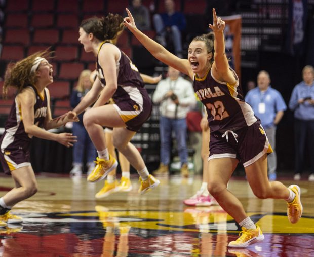 Loyola's Kelsey Langston (22) runs towards her team bench screaming as the Ramblers win the the Class 4A state championship game against Nazareth and finish the season 38-0 at CEFCU Arena in Normal on Friday, March 1, 2024. (Vincent D. Johnson / Pioneer Press)