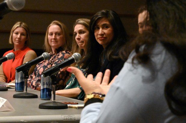 From left, Katie Degen, owner of Central Station Coffee & Tea in Wilmette, Kristyn Gibson, senior vice president, Rappaport Reiches Capital Management, Jill Hayes, professional civil engineer and vice president, Benesch, Iliana A. Mora, executive vice president and COO, Sinai Health System and Gail Schnitzer Eisenberg, New Trier Township supervisor and employment lawyer, are panelists. On right is moderator Swathi Mothkur of Wilmette, member of the Human Relations Commission at the Women in the Workplace program at the Wilmette Public Library Auditorium in Wilmette on March 13, 2024. (Karie Angell Luc/for the Pioneer Press)