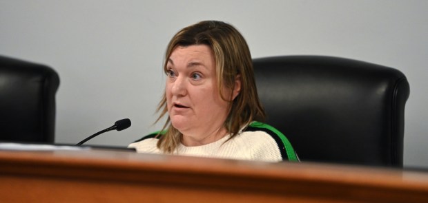 Northbrook Village President Kathryn L. Ciesla responds to podium commentary during the March 12, 2024 Northbrook Village Board of Trustees meeting. (Karie Angell Luc/for the Pioneer Press)