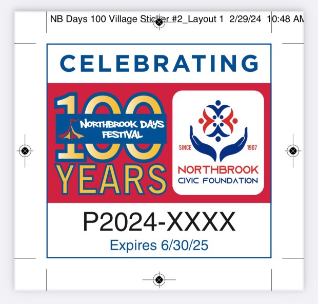 The proposed village vehicle sticker this year recognizing 100 years of Northbrook Days. Handout.