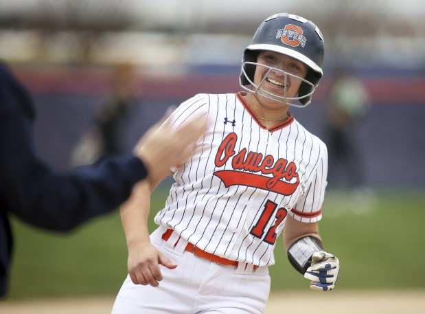 Oswego's Aubriella Garza rounds third after capping late rally with grand slam against Metea Valley during a nonconference game on Monday, April 3, 2023.