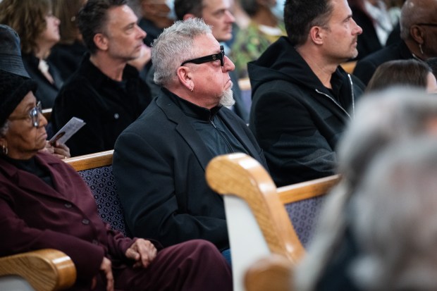 Musician Jerry Clemons sits in the audience during a memorial service for Ralph and Donald Kinsey, two of three members of blues group The Kinsey Report, on Saturday, March 2, 2024 in Gary. (Kyle Telechan/for the Post-Tribune)