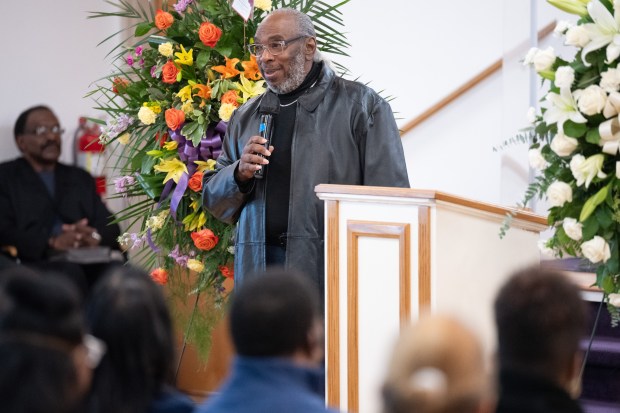 Radio personality and host of "Blues You Can Use" radio show Clarence Stevens speaks about Kinsey Report blues band members Ralph and Donald Kinsey during a memorial service in their honor on Saturday, March 2, 2024 in Gary. (Kyle Telechan/for the Post-Tribune)