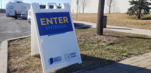 An Indiana Department of Health sign directs those seeking vaccines to its mobile clinic on Feb. 28 at Hammond's Jean Shepherd Community Center after Lake County reported the state's first measles case in 5 years.