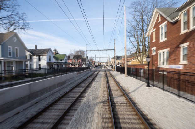 A new South Shore double track area is seen in Michigan City during a demonstration run on Tuesday, March 19, 2024. (Kyle Telechan/for the Post-Tribune)