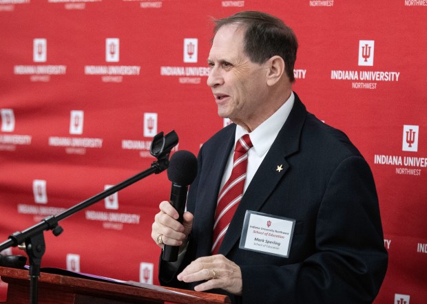 Mark Sperling, dean of the Indiana University Northwest School of Education, speaks to local education leaders during the annual Northwest Indiana School Superintendents' Luncheon at IUN in Gary on March 1, 2024. (Michael Gard/Post-Tribune)