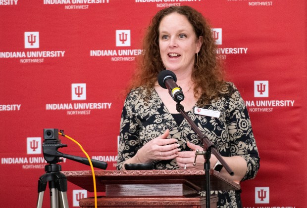 Michelle Coughlin, director of student teaching at the Indiana University Northwest School of Education, speaks with local education leaders during the annual Northwest Indiana School Superintendents' Luncheon at IUN in Gary on Friday, March 1, 2024. (Michael Gard/for the Post-Tribune)