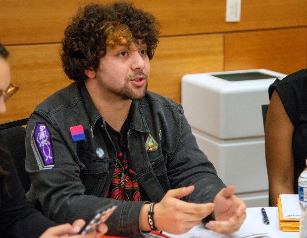 Pedro Escobedo, a senior at New Prairie High School in New Carlisle, speaks during the Diversity, Equity & Inclusion Symposium at Valparaiso University on Thursday, March 14, 2024. (Michael Gard/for the Post-Tribune)