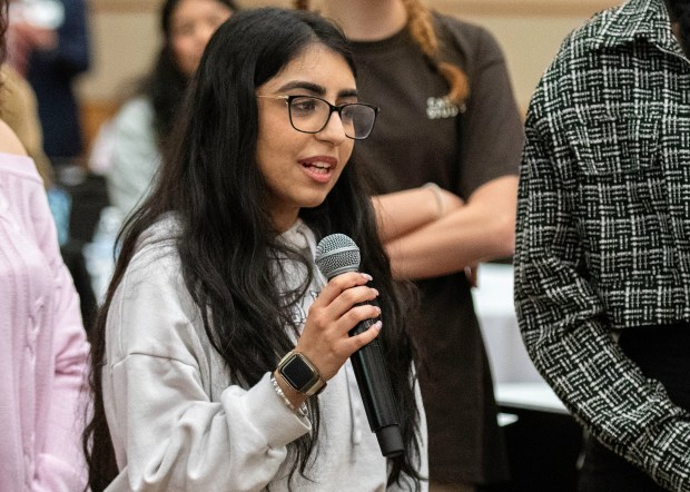 Suhani Singh, a senior at Valparaiso High School, speaks during the Diversity, Equity & Inclusion Symposium at Valparaiso University on Thursday, March 14, 2024. (Michael Gard/for the Post-Tribune)