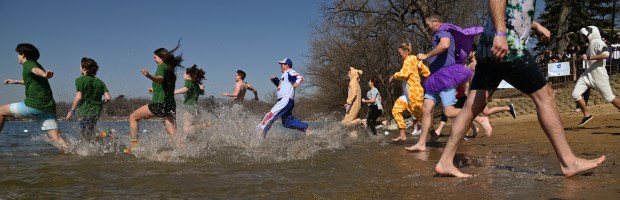 Plungers enter the water while others exit March 2, 2024 at Breezewald Beach in Lake Zurich for the "Purple Plunge" fundraiser for families of cancer patients. (Karie Angell Luc/Pioneer Press)