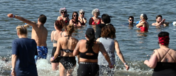 Hundreds of participants jumped in the lake waters March 2, 2024 at Breezewald Beach in Lake Zurich for the "Purple Plunge" fundraiser for families of cancer patients. (Karie Angell Luc/Pioneer Press)