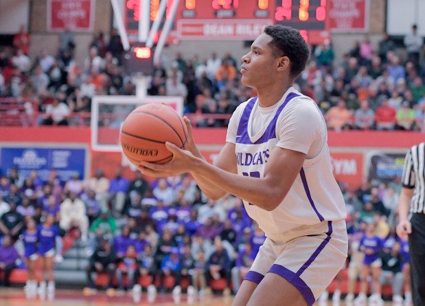 Thornton's Layshawn Scott (23) takes a shot against against Richwoods during the boys basketball Class 3A Ottawa Supersectional in Ottawa on Monday, March 4, 2024. (Mark Black / for the Daily Southtown)