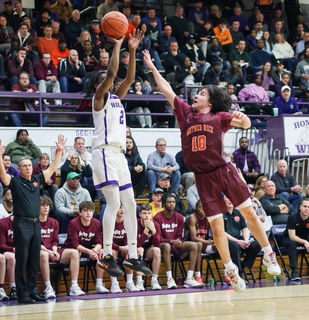 Thornton's Chase Abraham (2) shoots the ball during the Class 3A Thornton Sectional final against Brother Rice on Friday, March 1, 2024. (Troy Stolt/for the Aurora Beacon News)