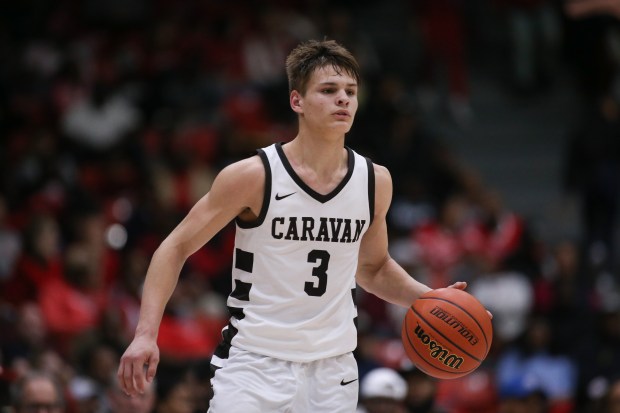 Mt. Carmel guard Grant Best (3) drives downcourt during the second quarter of the Class 3A UIC Supersectional at Credit Union 1 Arena in Chicago on Monday, March 4, 2024. (Trent Sprague/for the Daily Southtown