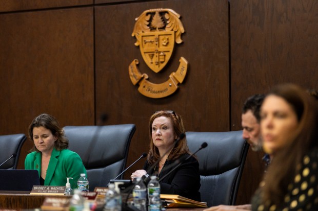 Flossmoor village manager Bridget Wachtel, center, during Monday's Village Board meeting in Flossmoor. (Vincent D. Johnson/for Daily Southtown)