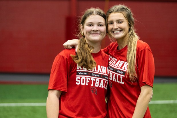 Marist's Camryn Lyons, right, with her teammate and cousin Layla Peters pose for a photo after practice at the Marist Sportsplex in Palos Heights on Tuesday, March 26, 2024. (Vincent D. Johnson/for the Daily Southtown)