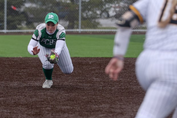 Providence's Sophia Thromeyer (1) lays out for a catch during a game against Andrew on, Monday, March 25, 2024. (Troy Stolt/for the Daily Southtown)