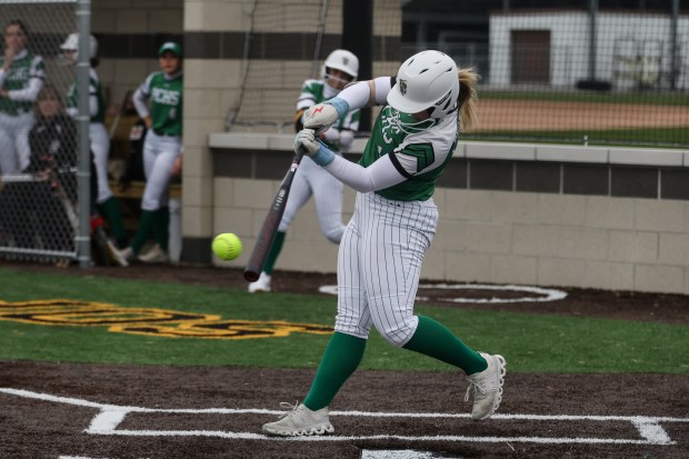 Providence's Sophia Thromeyer (1) Gets a hit during a game against Andrew on, Monday, March 25, 2024. (Troy Stolt/for the Daily Southtown)