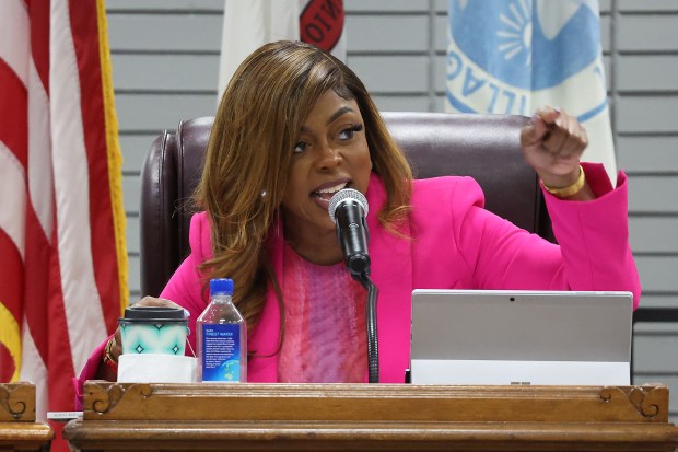 Dolton Mayor Tiffany Henyard presides over a Village Board meeting March 4, 2024. (Terrence Antonio James/Chicago Tribune)
