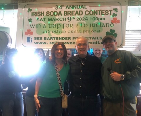 June and John Taylor with Brendan O'Brien, right, owner of Reilly's Daughter in Oak Lawn, after winning the 34th Annual Irish Soda Bread Contest March 9, 2024. (Bill Mallo)