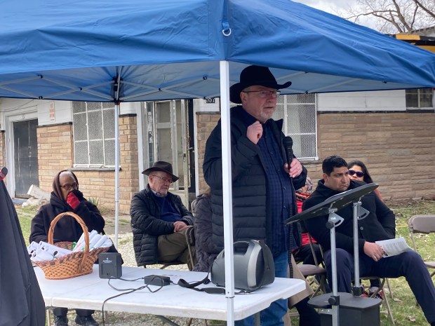 Jeff Ton, a descendant of the Ton family, honors the freedom seekers who sought shelter at the Ton Farm Underground Railroad site during a sign dedication ceremony March 21, 2024. (Alexandra Kukulka/Daily Southtown)