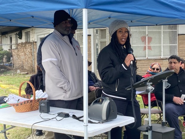 Teronda Gaines, whose family owns Chicago's Finest Marina near the Ton Farm Underground Railroad site, speaks March 21, 2024, at a sign reveal ceremony. (Alexandra Kukulka/Daily Southtown)