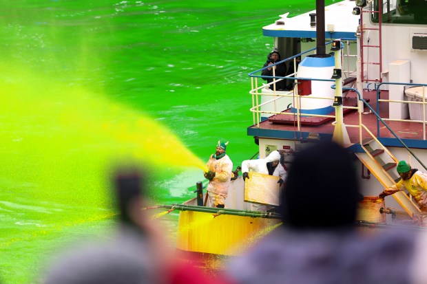 The Chicago River is dyed green to celebrate St. Patrick's Day on March 11, 2023, in Chicago.