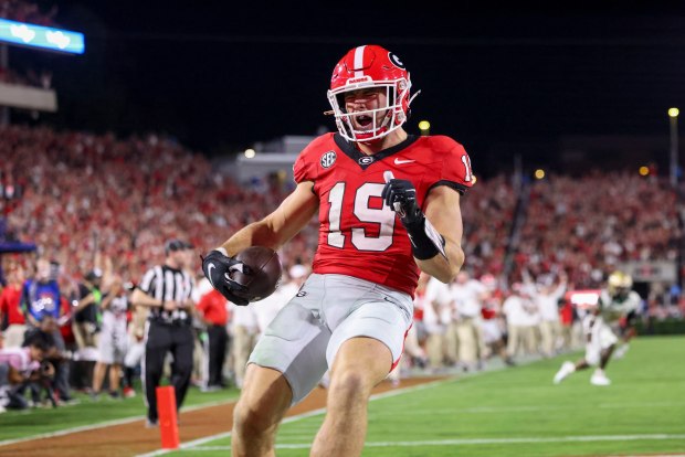 Georgia tight end Brock Bowers reacts after a 41- yard touchdown reception against UAB on Sept. 23, 2023, in Athens, Ga. (Jason Getz/The Atlanta Journal-Constitution)