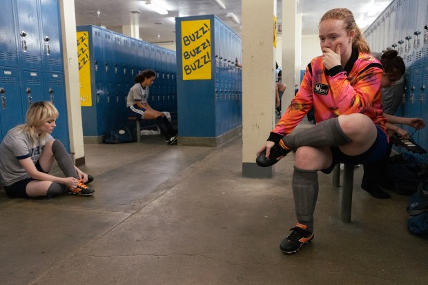 Sophie Thatcher, Jasmin Savoy Brown, Liv Hewson and Sophie Nelisse as Teen Shauna in director Karyn Kusama's pilot episode of "Yellowjackets." (Paul Sarkis/Showtime)